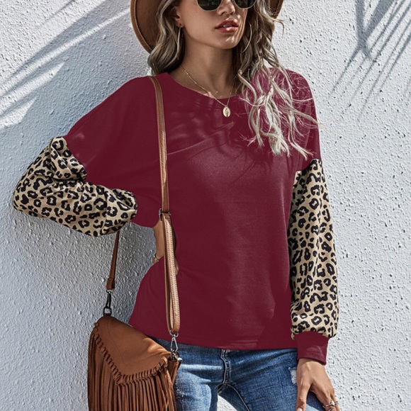 Leopard Sleeve on Solid Burgundy Top - Picture 1 of 3